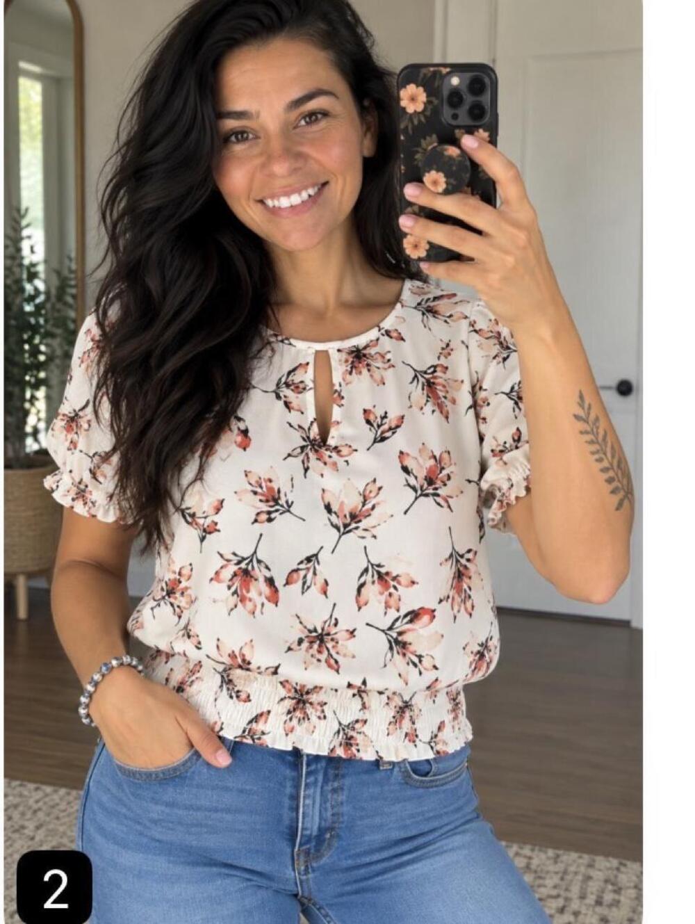 Sienna Sky S Ivory Floral Smocked Waist Blouse Puff Sleeve Fall Cottagecore